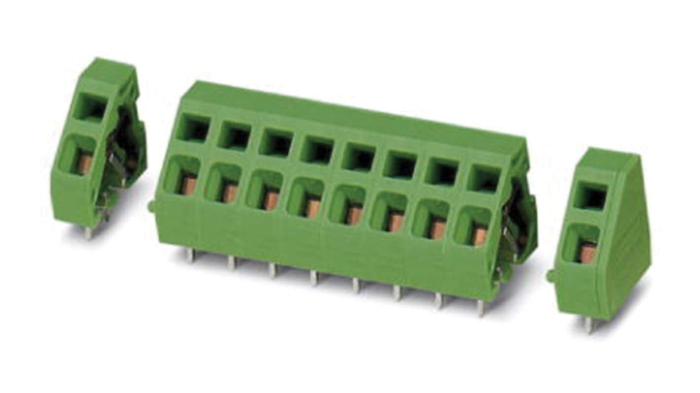 Borne para PCB Hembra Phoenix Contact de 8 vías, paso 5.08mm, 24A, de color Verde, montaje Montaje en orificio pasante,