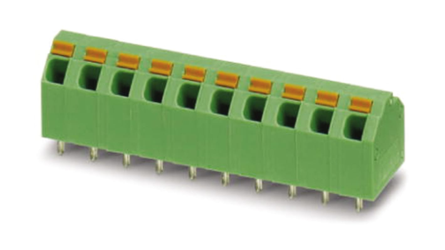 Borne para PCB Hembra Phoenix Contact de 9 vías, paso 5.08mm, 9A, de color Verde, montaje Montaje en orificio pasante,