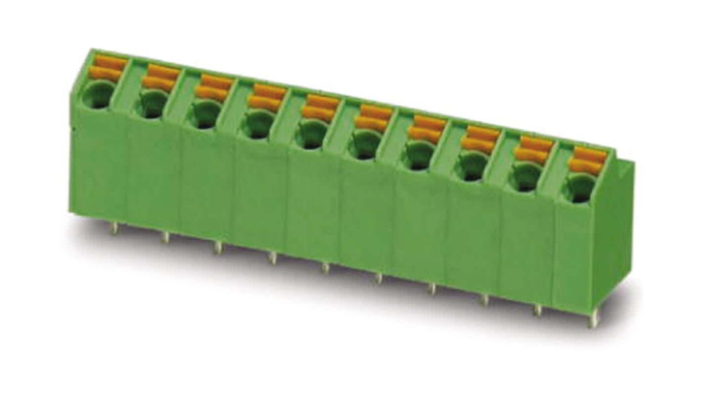 Borne para PCB Hembra Phoenix Contact de 12 vías, paso 5mm, 9A, de color Verde, montaje Montaje en orificio pasante,