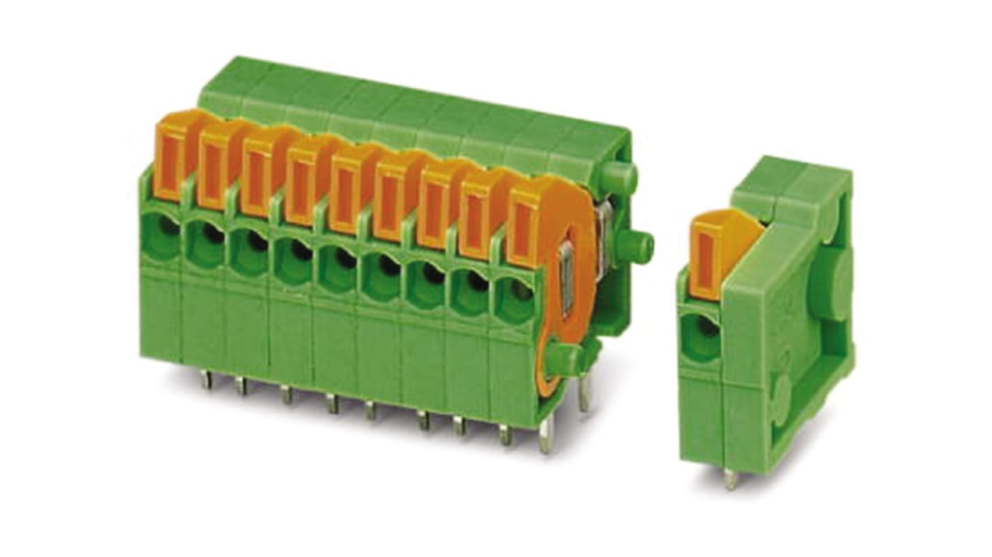 Phoenix Contact FFKDSA1/H-2.54- 9 Series PCB Terminal Block, 9-Contact, 2.54mm Pitch, Through Hole Mount, Spring Cage