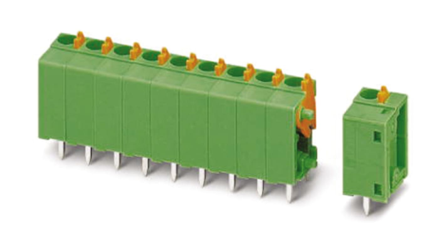 Borne para PCB Hembra Phoenix Contact de 7 vías, paso 5.08mm, 15A, de color Verde, montaje Montaje en orificio pasante,