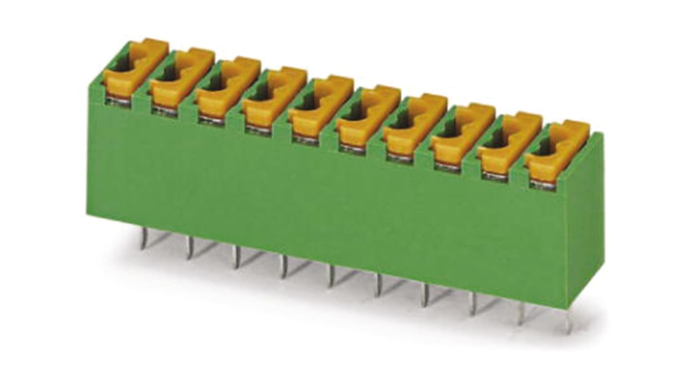 Borne para PCB Hembra Phoenix Contact de 5 vías, paso 3.5mm, 4A, de color Verde, montaje Montaje en orificio pasante,