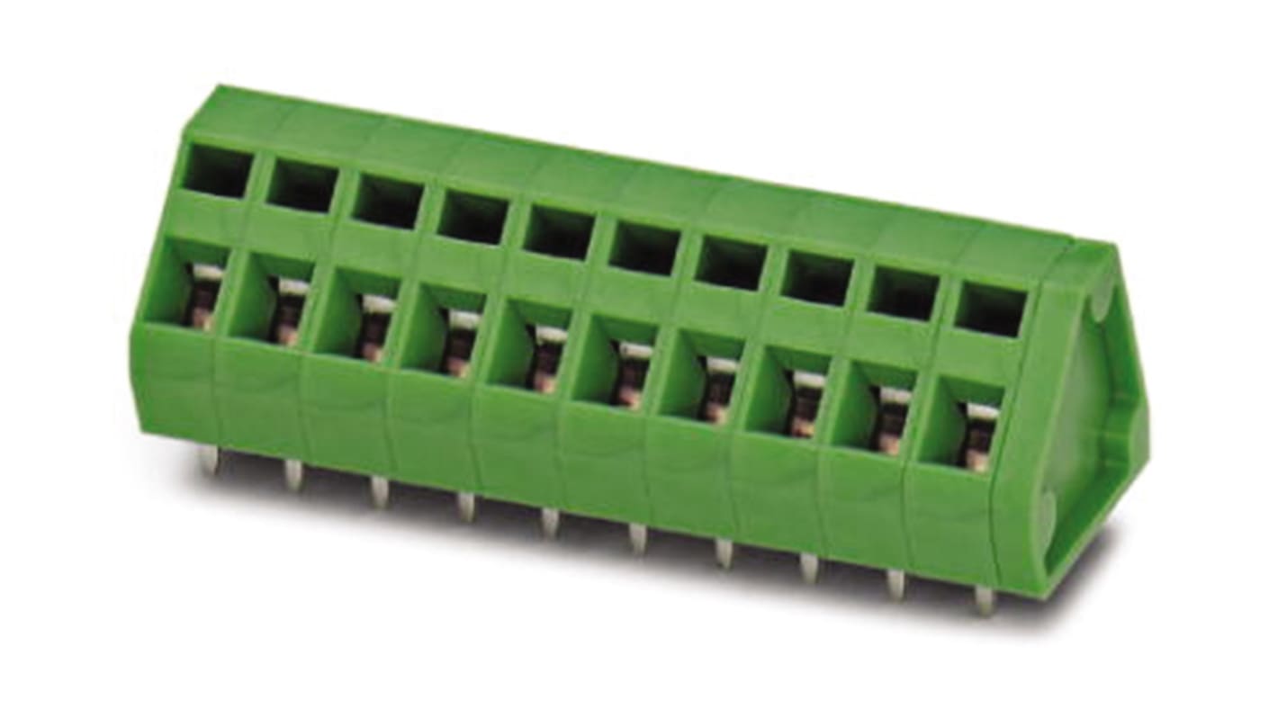 Borne para PCB Hembra Phoenix Contact de 2 vías, paso 5.08mm, 16A, de color Verde, montaje Montaje en orificio pasante,