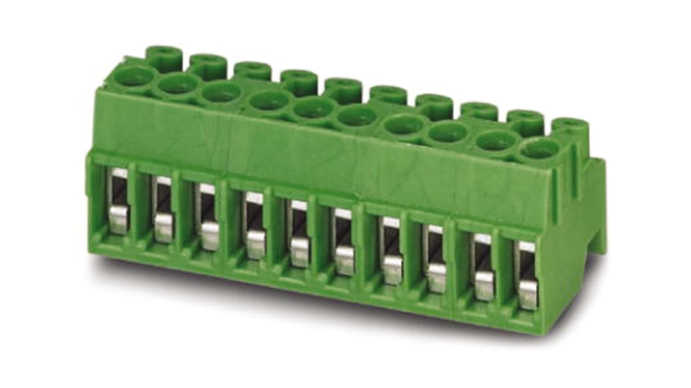 Borne enchufable para PCB Hembra Phoenix Contact de 10 vías, paso 3.5mm, 8A, de color Verde, terminación Tornillo