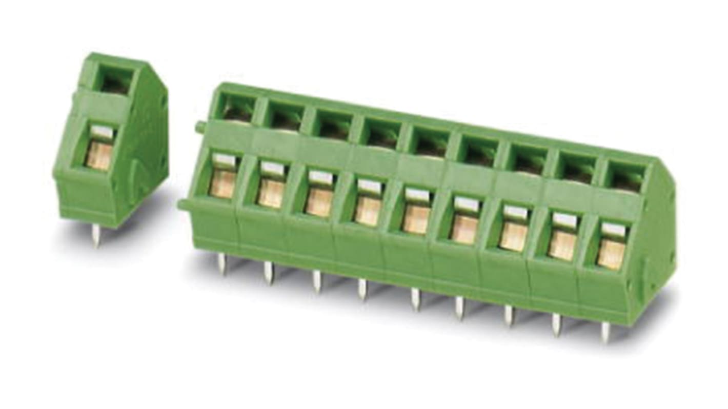 Borne para PCB Hembra Phoenix Contact de 10 vías, paso 5mm, 16A, de color Verde, montaje Montaje en orificio pasante,