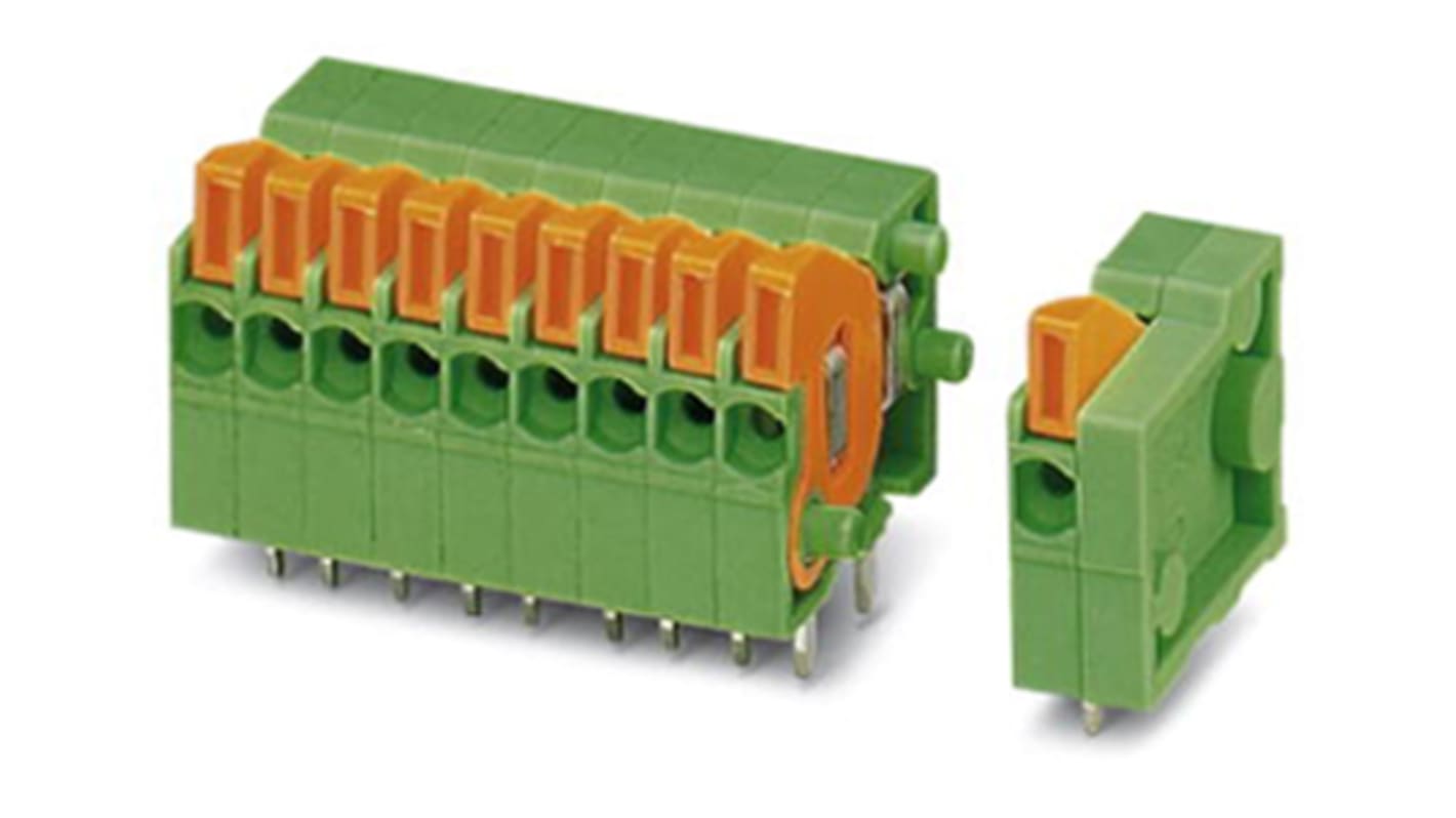 Phoenix Contact FFKDSA1/H-2.54-18 Series PCB Terminal Block, 18-Contact, 2.54mm Pitch, Through Hole Mount, Spring Cage