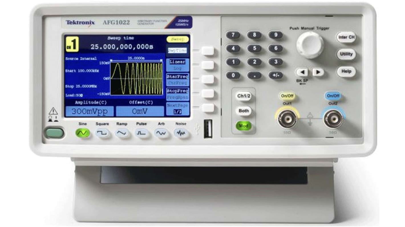 Tektronix AFG1022 Arbitrary Waveform Generator, 10 MHz, 12.5 MHz, 25 MHz Max, 2-Channel, 1 μHz, 1 mHz Min