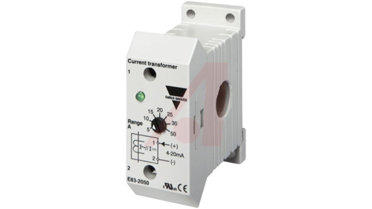 Transformador de corriente Carlo Gavazzi E83, Montaje en Base, ratio: 100:1:30 mA, Ø int. 12mm, dim. 56 x 22.5 x 47.4 mm