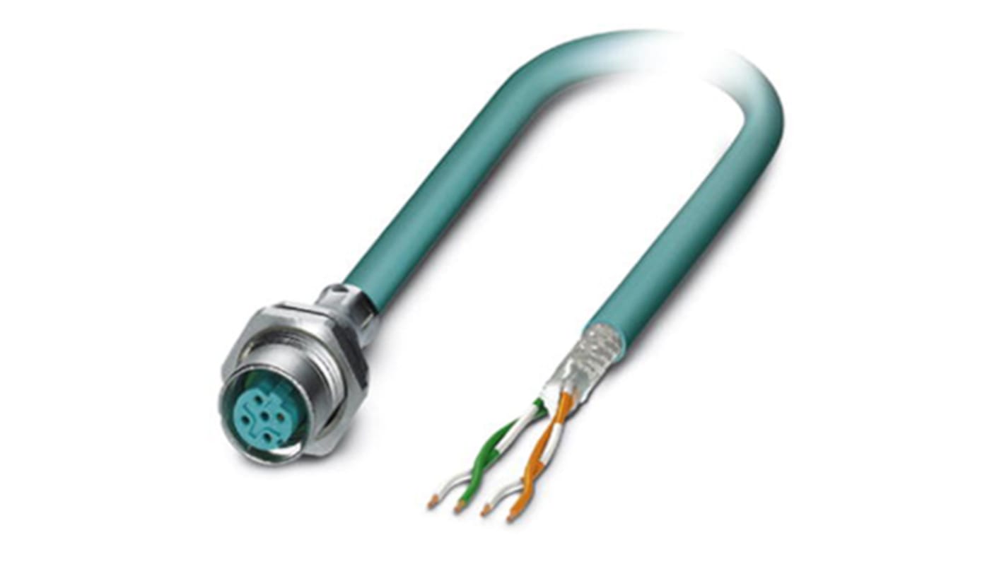 Phoenix Contact Cat5 Straight Female M12 to Unterminated Ethernet Cable, Blue PUR Sheath, 500mm