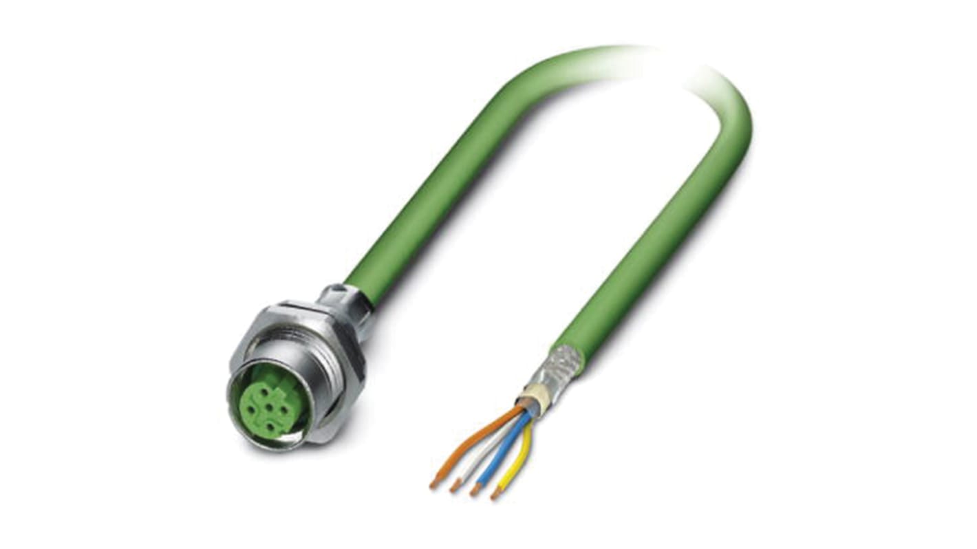 Phoenix Contact Cat5 Straight Female M12 to Unterminated Ethernet Cable, Green PUR Sheath, 500mm