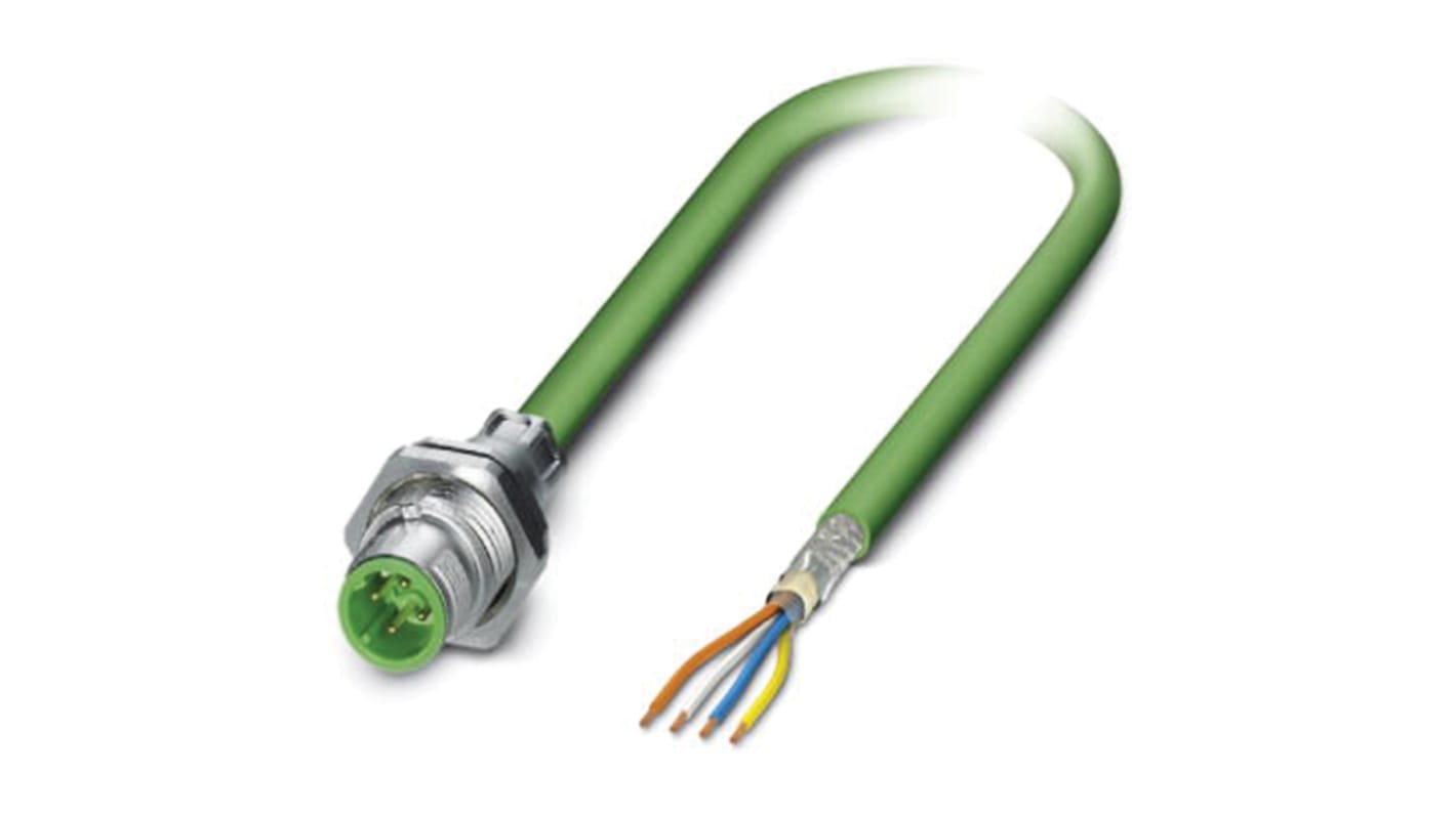 Phoenix Contact Cat5 Straight Male M12 to Unterminated Ethernet Cable, Green PUR Sheath, 1m