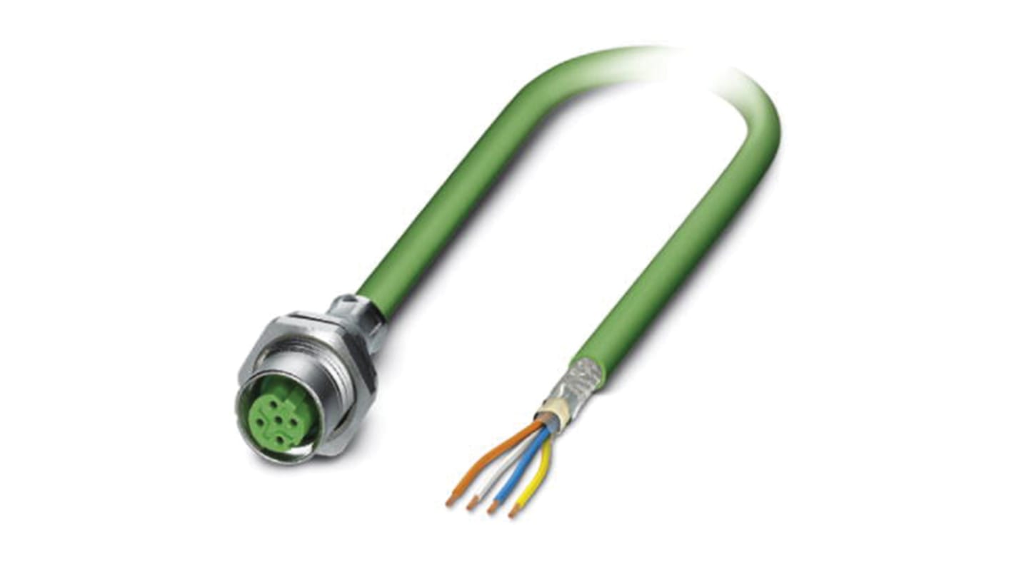 Phoenix Contact Cat5 Straight Female M12 to Unterminated Ethernet Cable, Green PUR Sheath, 1m