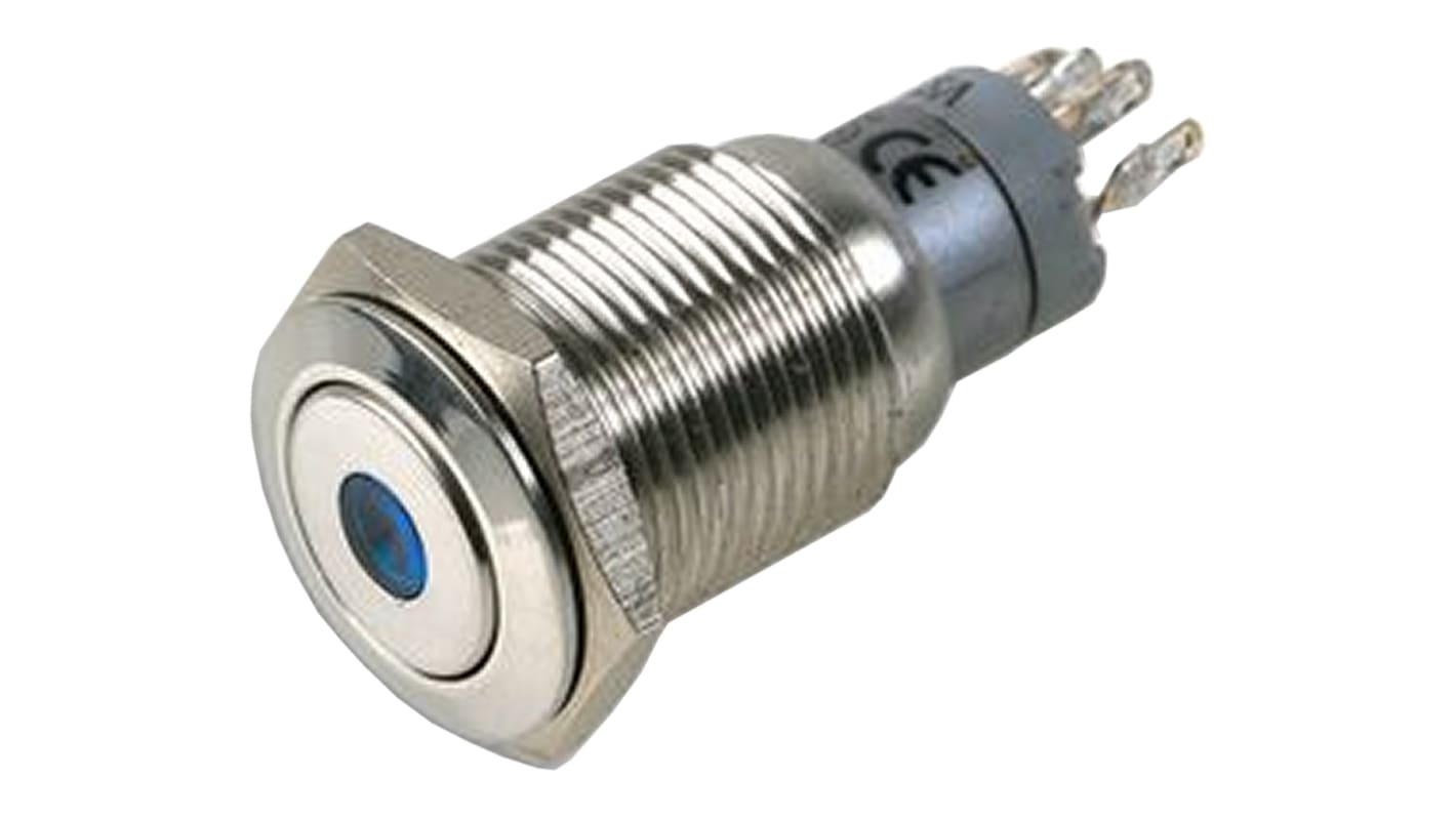 Bulgin MP0045 Series Illuminated Push Button Switch, Latching, Panel Mount, 16.2mm Cutout, DPDT, Blue LED, 50V