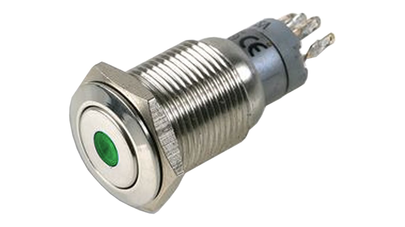 Bulgin MP0045 Series Illuminated Push Button Switch, Latching, Panel Mount, 16.2mm Cutout, DPDT, Green LED, 50V