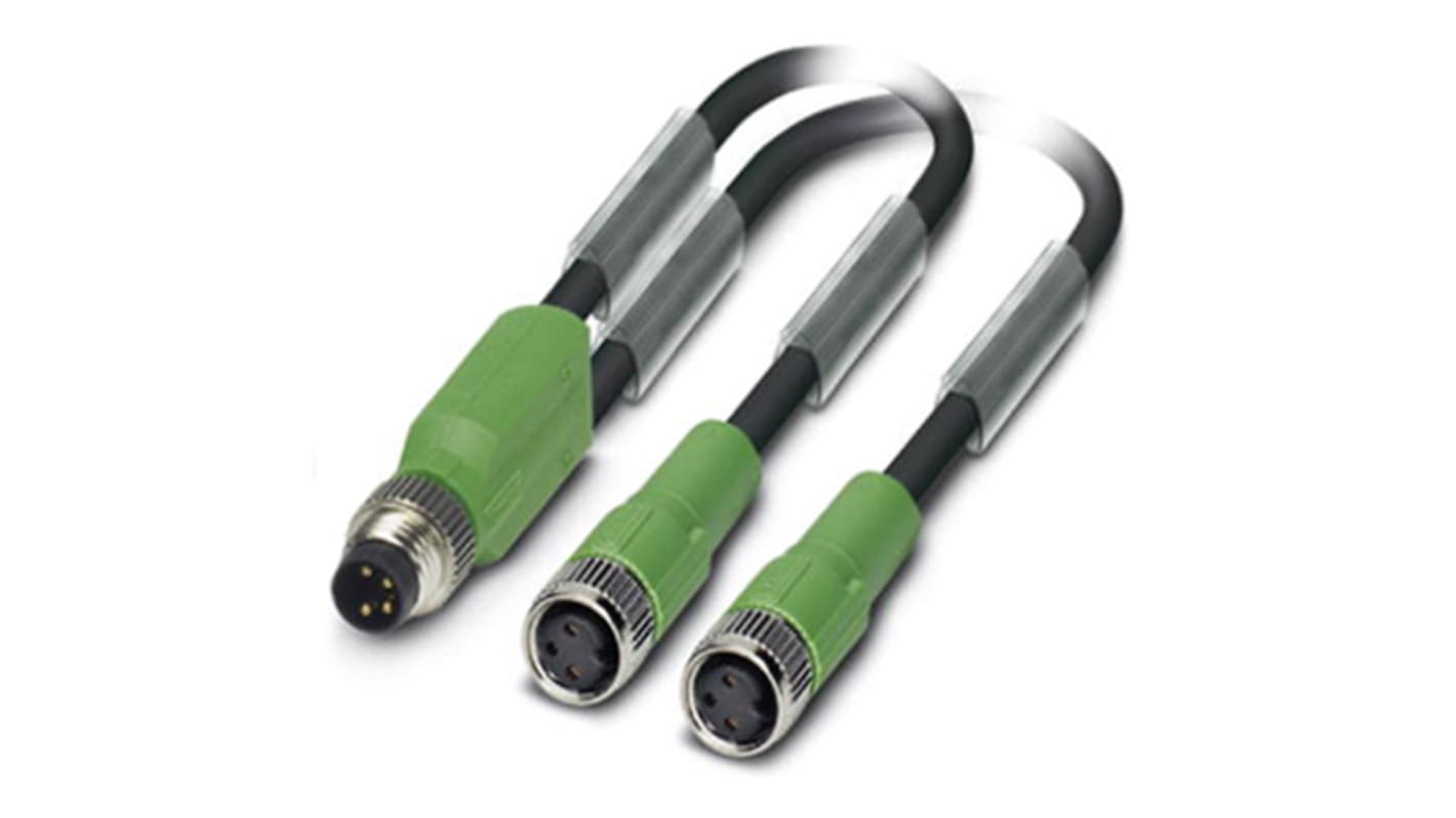 Cable de conexión Phoenix Contact, con. A M8 Macho, 3 polos, con. B M8 x 2 Hembra, 3 polos, long. 1.5m, 30 V, 4 A,