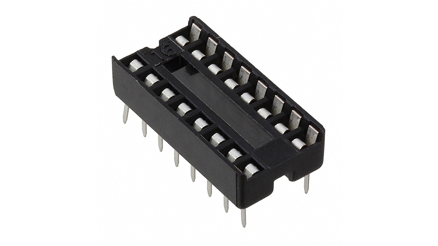 Amphenol ICC IC DIL fatning, 2.54mm Afstand, 7.62mm rækkeafstand, 16-Polet, Hulmontering, Udstanset ben, 1A, Lige,