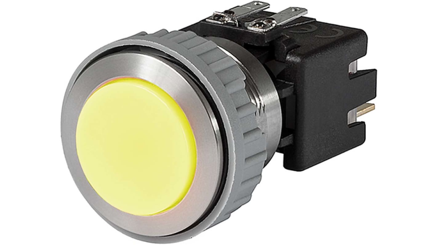 Schurter Illuminated Push Button Switch, Latching, Panel Mount, 22mm Cutout, DPDT, Yellow LED, 250V ac, IP64 (Front);