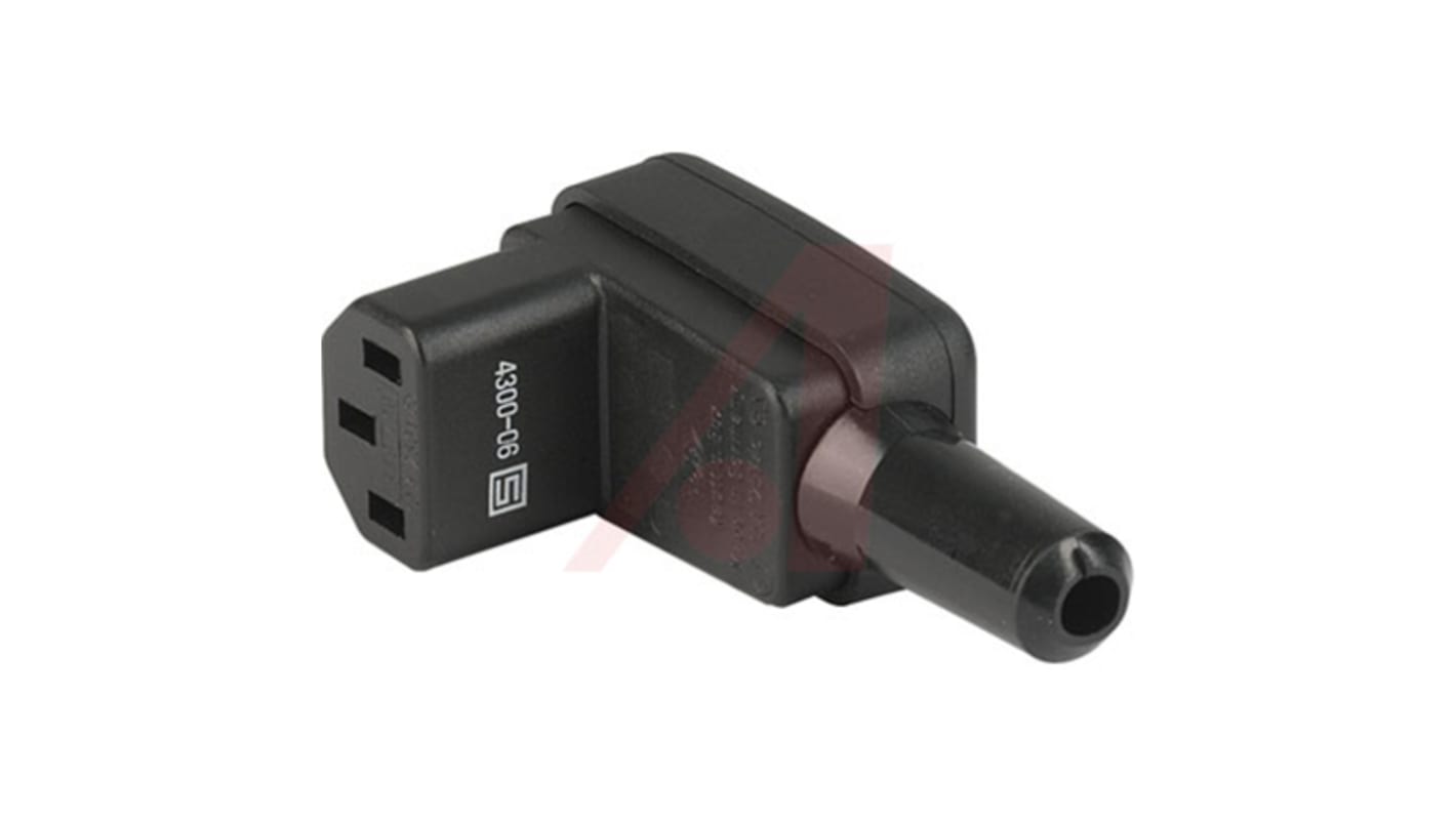 Conector IEC C13 hembra Schurter, Ángulo de 90° , Montaje de Cable, 125 V, 250 V., 10A, Ø de cable 8.5mm