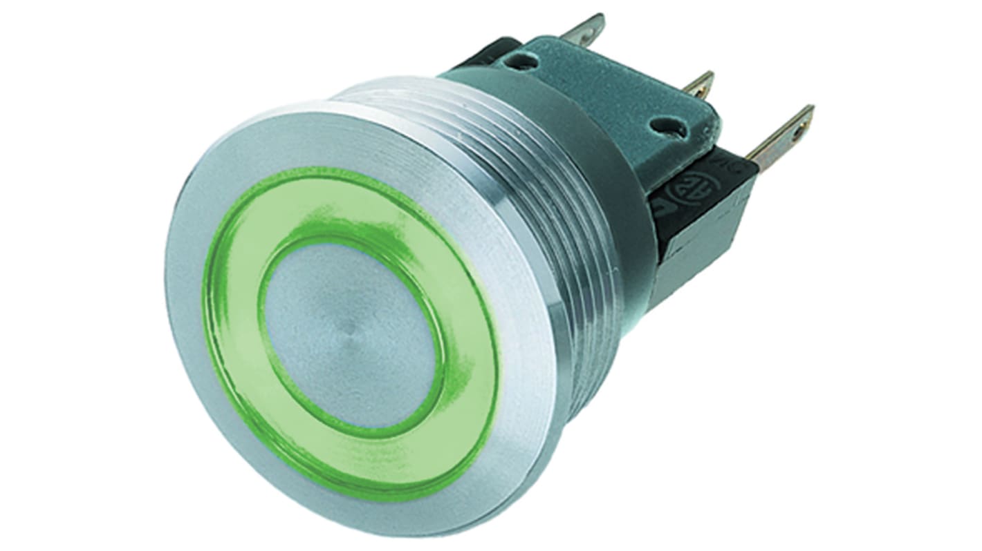 Schurter MSM 30 Series Illuminated Push Button Switch, Momentary, Panel Mount, 19.1mm Cutout, SPDT, Green LED, 125 V