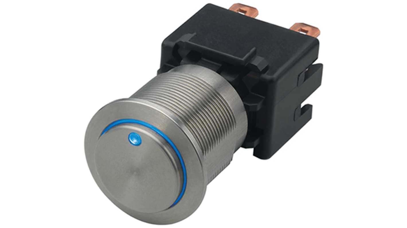 Schurter MSM 19 Series Illuminated Push Button Switch, Latching, Panel Mount, 19.1mm Cutout, SPST, Blue LED, 30 V dc,