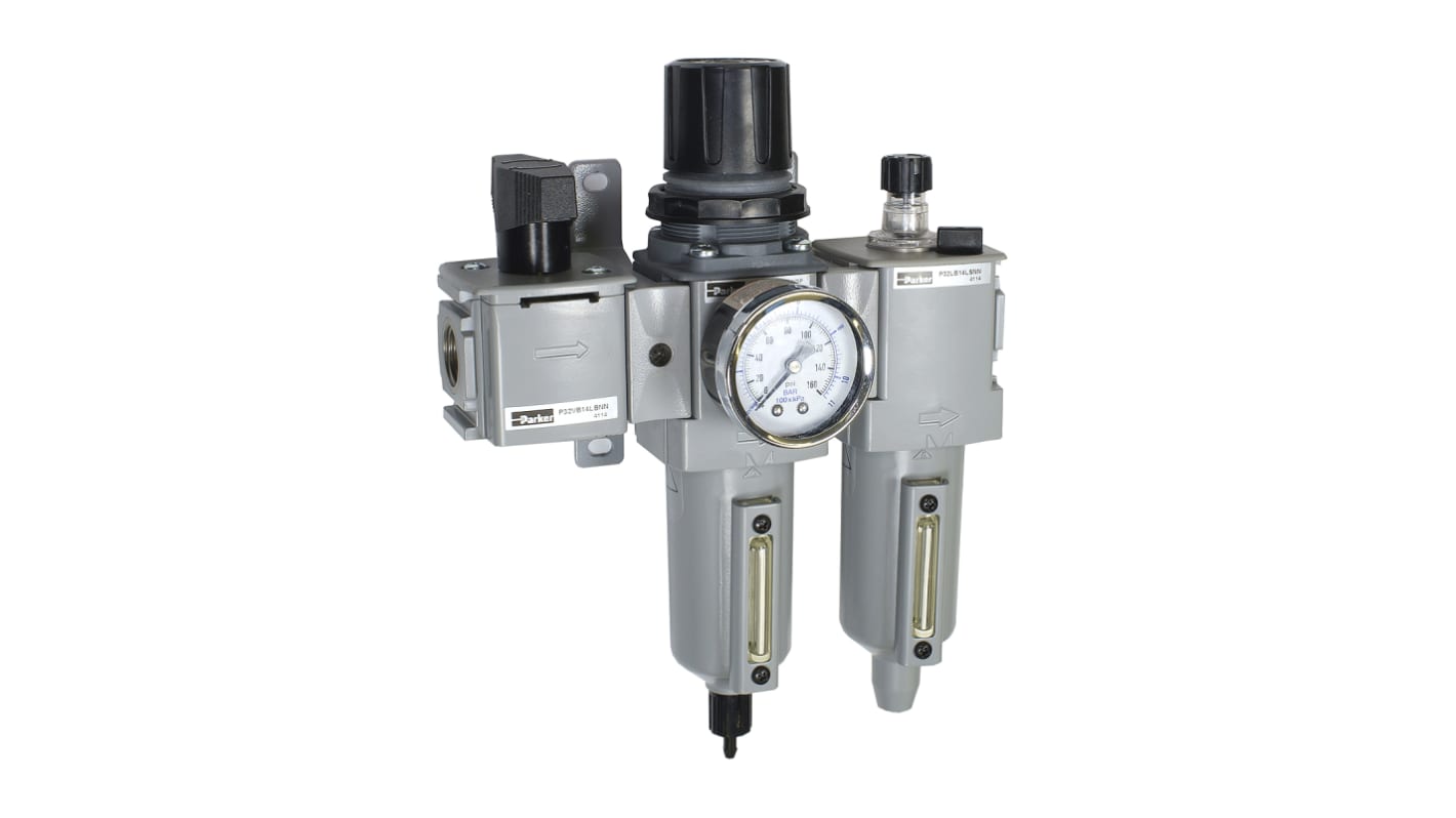 Parker BSPP 1/2 FRL, Manual Drain, 5μ Filtration Size - With Pressure Gauge