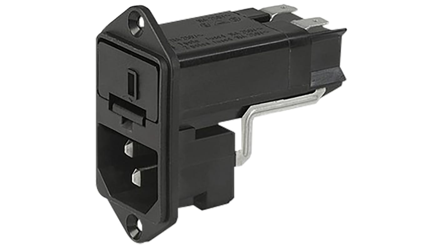 Conector IEC C14 macho Schurter, Recto, Montaje en Panel, 250 V, 10A, con 1 fusible de 5 x 20mm, con interruptor