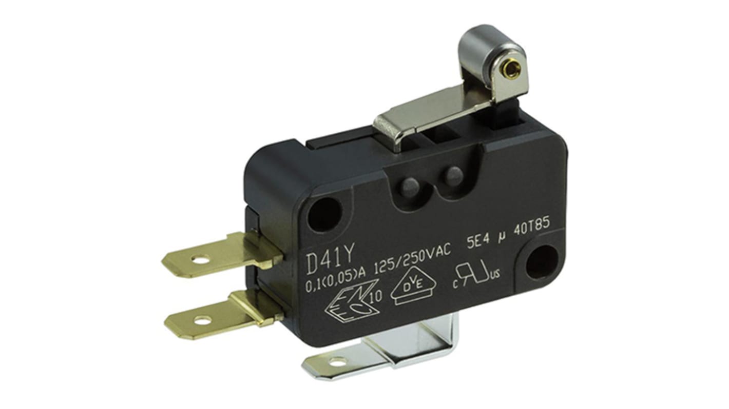 ZF Roller Lever Micro Switch, Quick Connect Terminal, 1 A @ 125 V ac, 500 mA @ 30 V dc, SP-CO, IP50