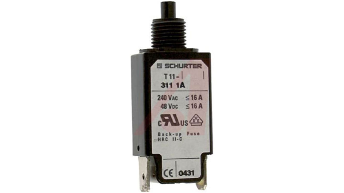 Schurter Thermal Circuit Breaker - T11 Single Pole 48 V dc, 240V ac Voltage Rating Panel Mount, 1A Current Rating
