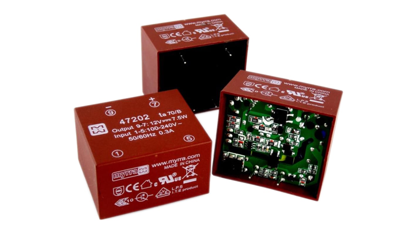 Trasformatore per PCB Myrra, 7.5W, primario 120 → 370 V dc, 85 → 265 V ac, secondario 3.3V cc, uscita