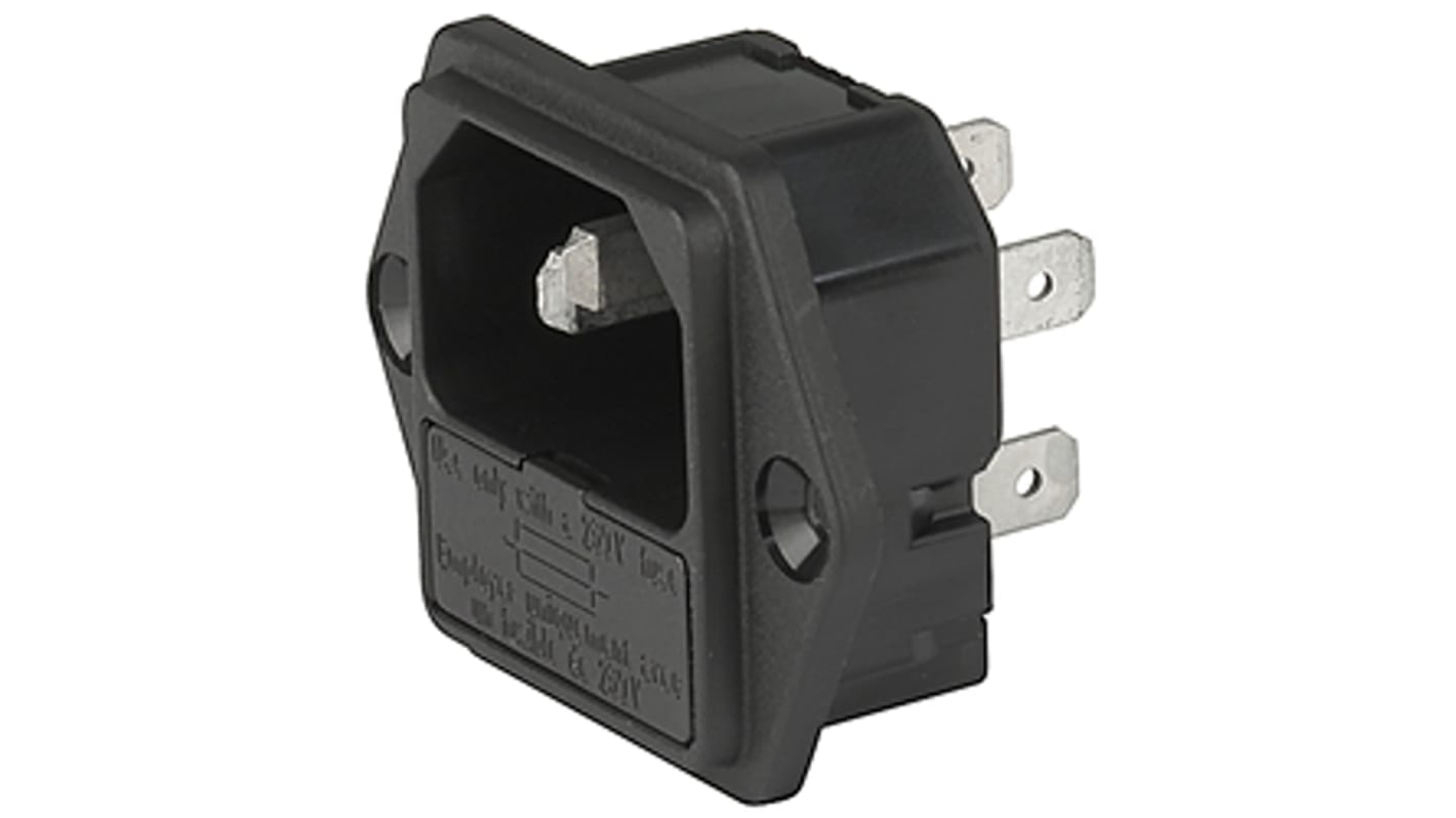 Conector IEC C14 macho Schurter, Recto, Montaje en Panel, 250 V, 10A, con 1 fusible de 5 x 20mm, con interruptor