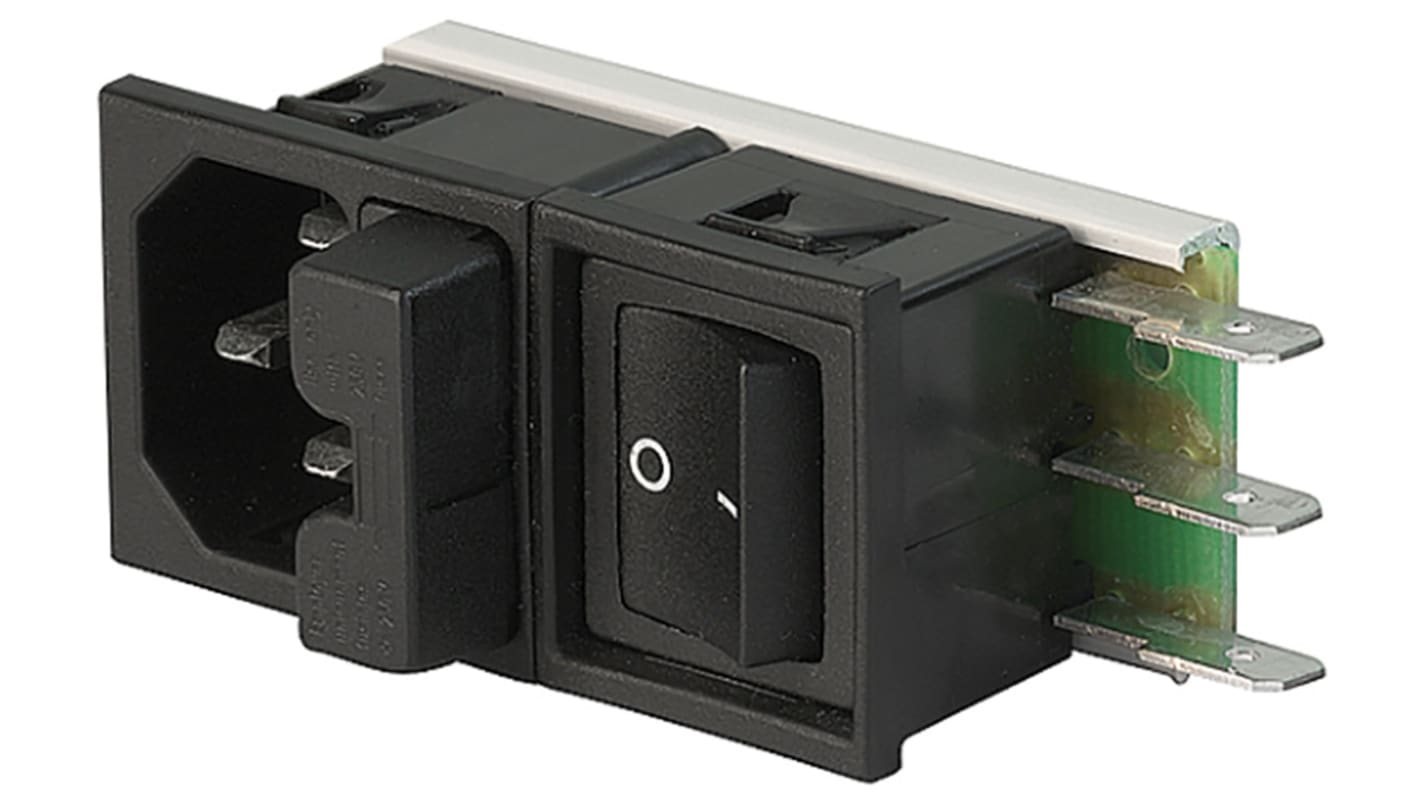 Conector IEC C14 macho Schurter, Encaje a Presión, 125 V, 250 V., 10A, con 1 fusible de 5 x 20mm, con interruptor de 2