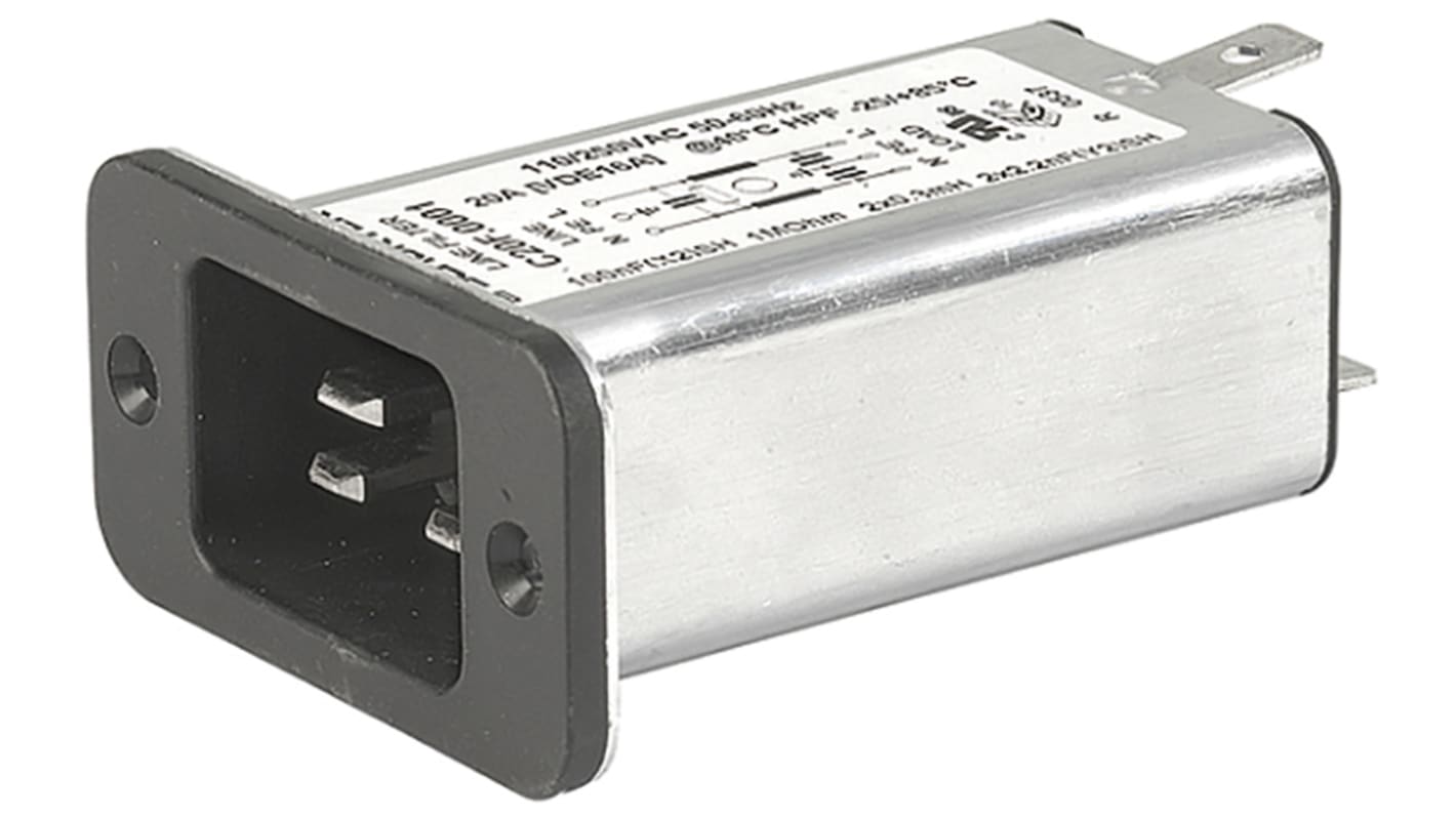 Schurter 16 (IEC) A, 20 (UL / CSA) A, 250 V ac Male Screw Filtered IEC Connector C20F.0101, Quick Connect None Fuse