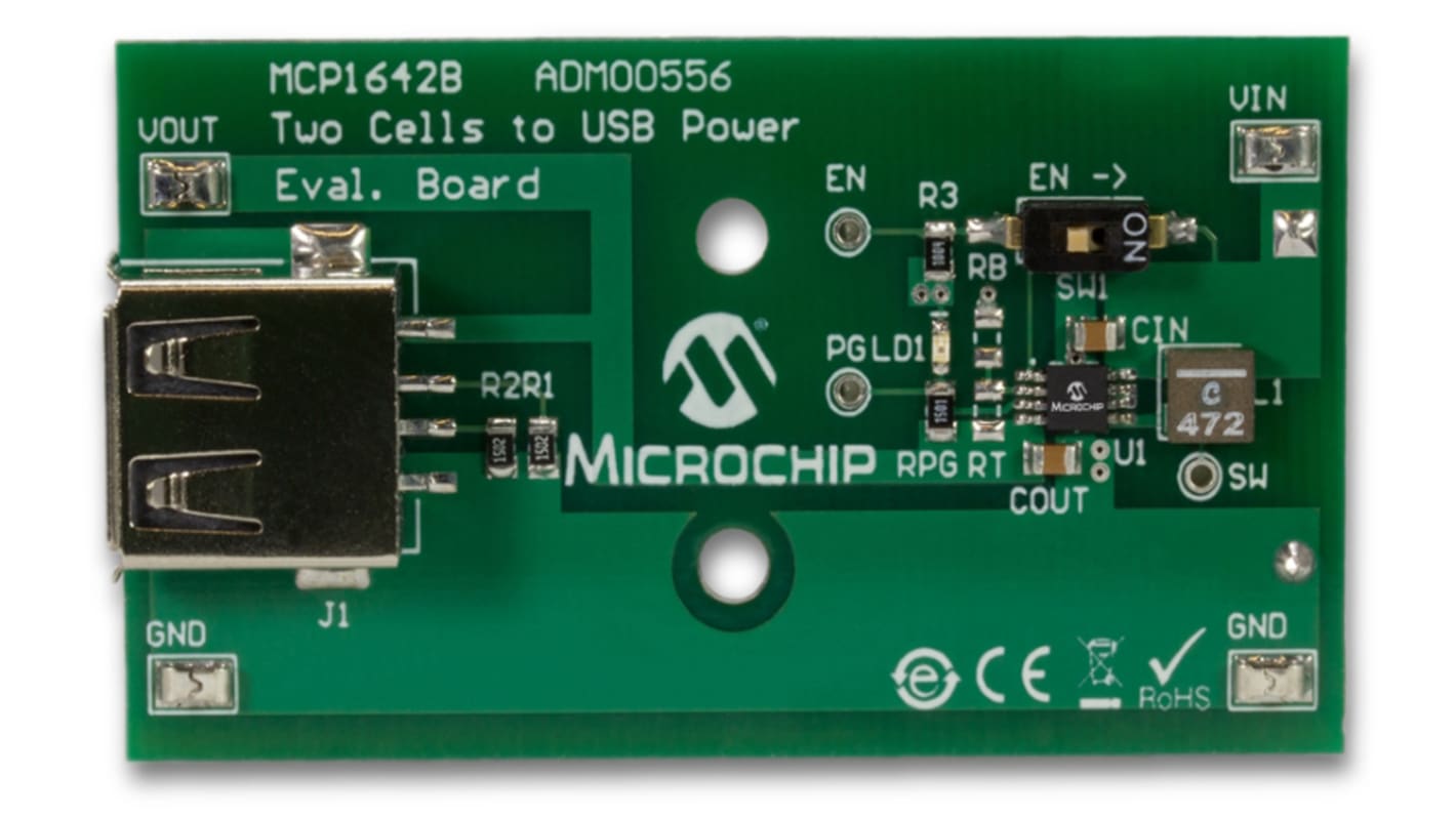 Microchip MCP1642B Evaluierungsplatine, AA Batteries to USB Aufwärtsregler