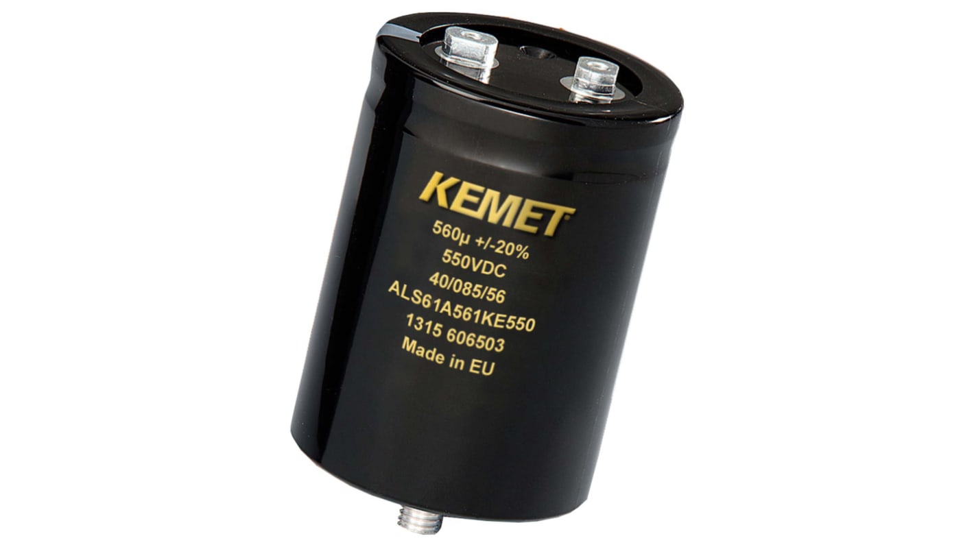 Condensador electrolítico KEMET serie ALS61, 560μF, ±20%, 550V dc, mont. roscado, 51 x 82mm, paso 22.2mm