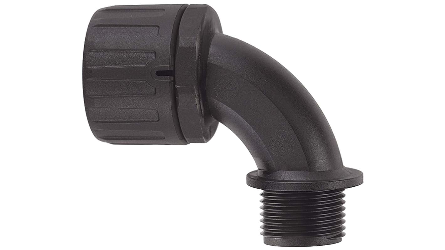 Racor para conducto Flexicon, Acodado 90° de Nylon 66 Negro, tamaño nom. 28mm, rosca M25, IP66, IP67, IP68, IP69K