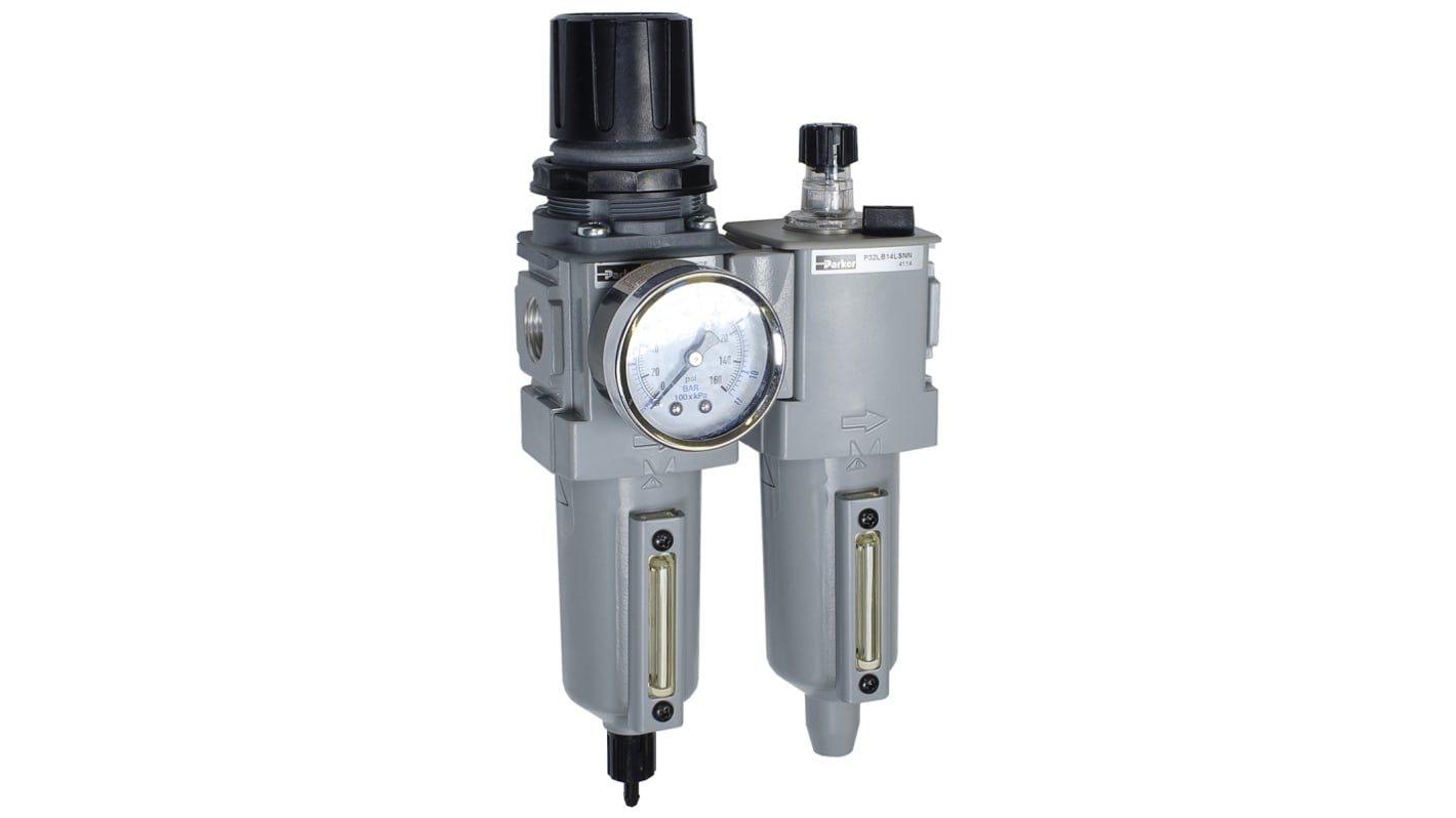 Parker G 1/2 FRL, Automatic Drain, 5μ Filtration Size - With Pressure Gauge
