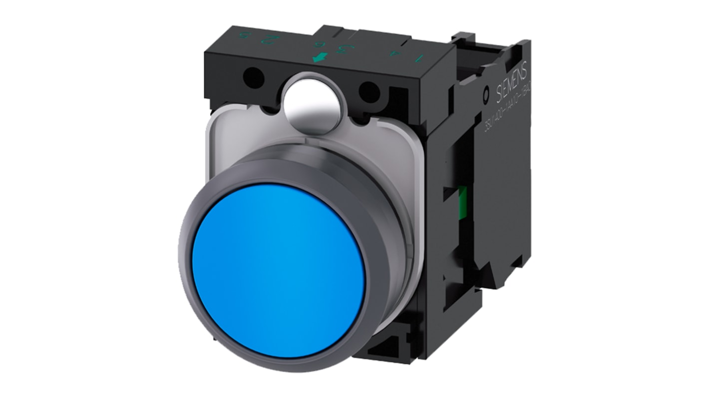 Unidad completa de botón pulsador Siemens SIRIUS ACT, color de botón Azul, SPST, Montaje en Panel