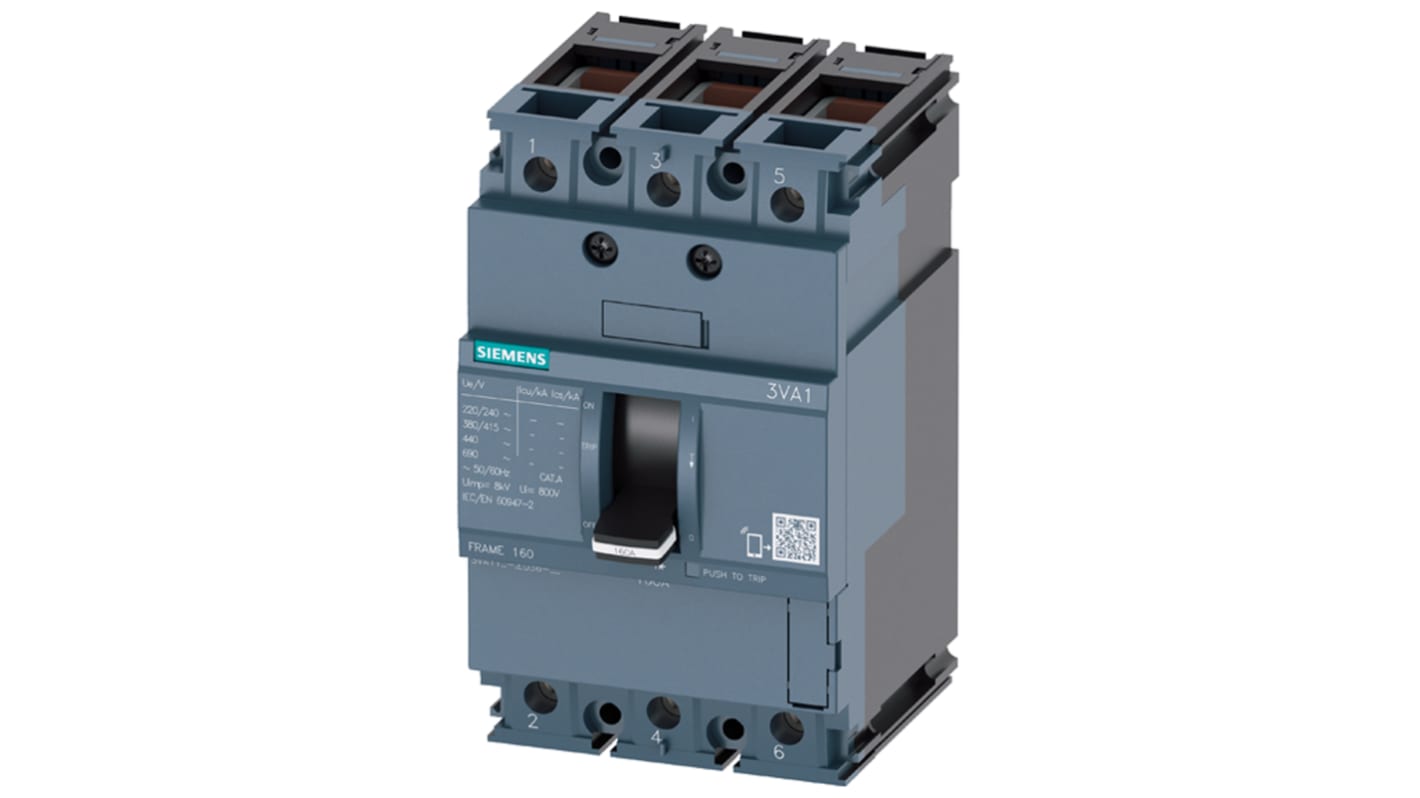 MCCB Siemens, 3 Polos, 100A, Capacidad de Ruptura 25 kA, Montaje fijo, SENTRON, 3VA