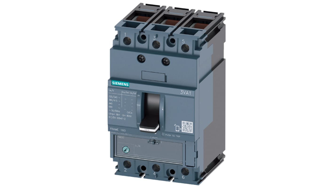 MCCB Siemens, 3 Polos, 125A, Capacidad de Ruptura 25 kA, Montaje fijo, SENTRON, 3VA