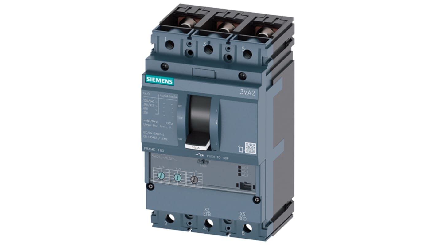 MCCB Siemens, 3 Polos, 100A, Capacidad de Ruptura 55 kA, Montaje fijo, SENTRON, 3VA