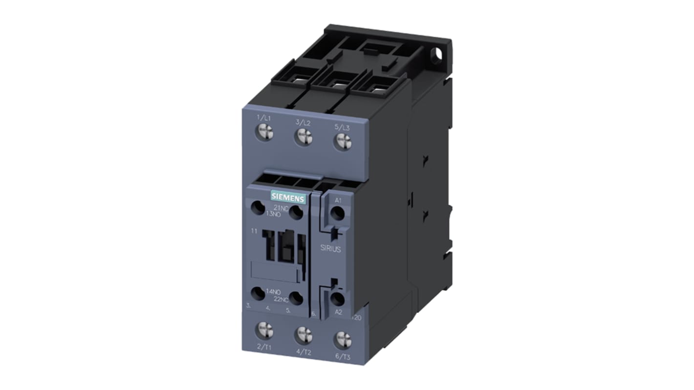 Siemens SIRIUS 3RT2 3-polet single-throw, slutte Kontaktor med 3 slutte Kontakter, 65 A, 24 V AC/DC spole