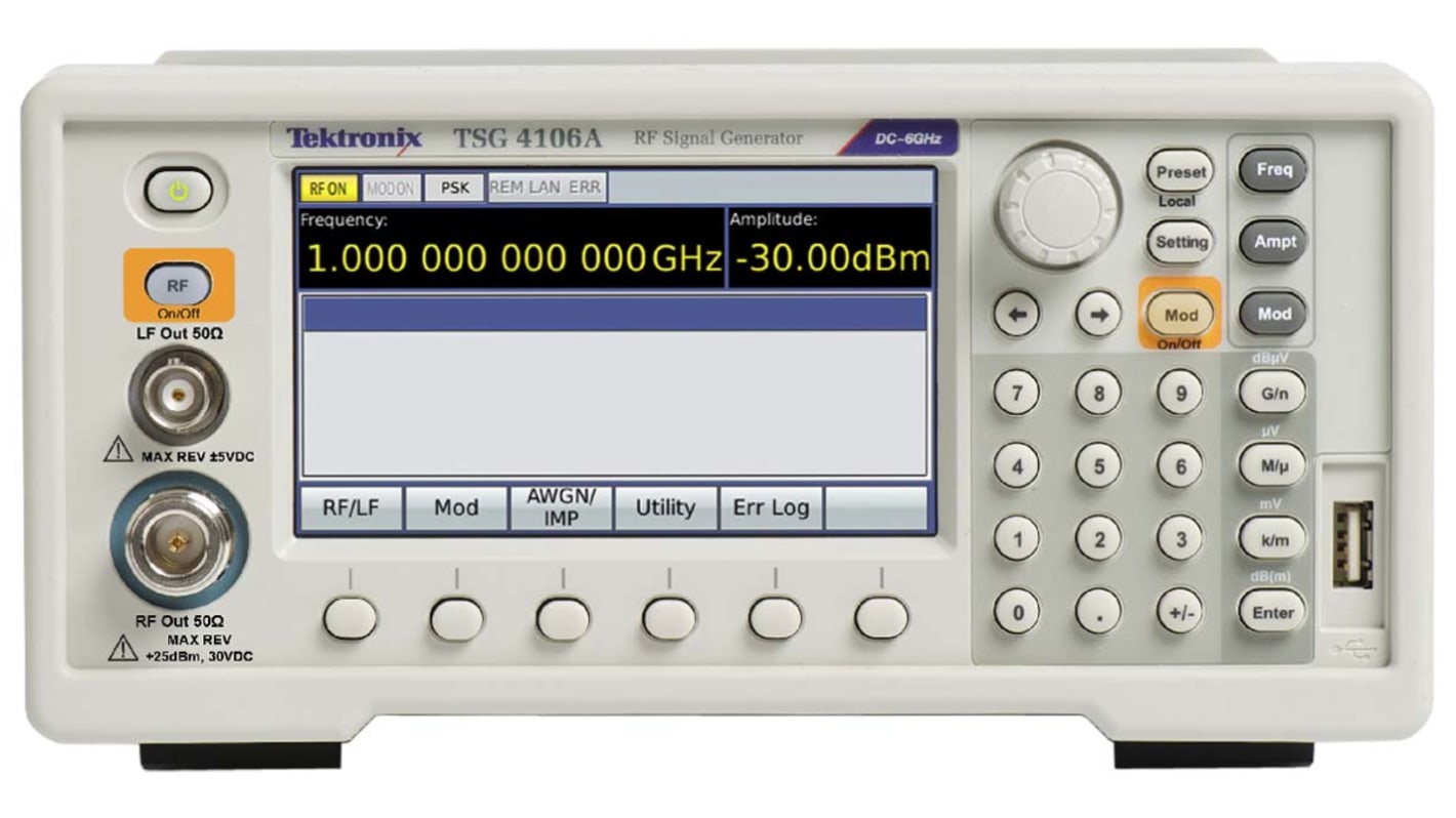 Generador de señales RF Tektronix TSG4104A, con modulación FM, 4GHz máx., impedancia 50Ω, interfaz Ethernet, GPIB,