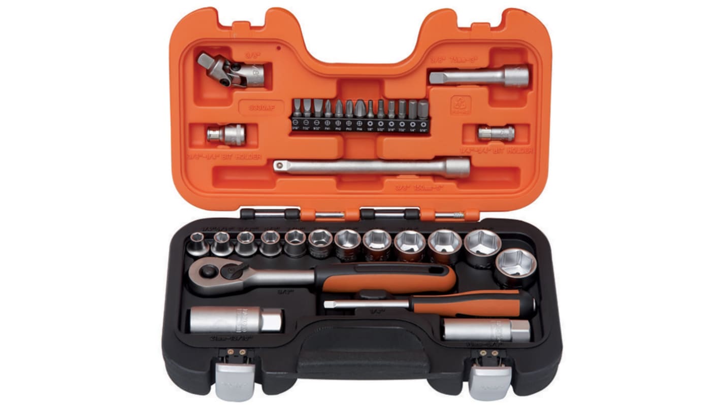 Bahco 34-Piece Imperial 1/4 in; 3/8 in Standard Socket/Bit Set with Ratchet, 6 point; Hex Bit; Phillips Bit; Slotted Bit