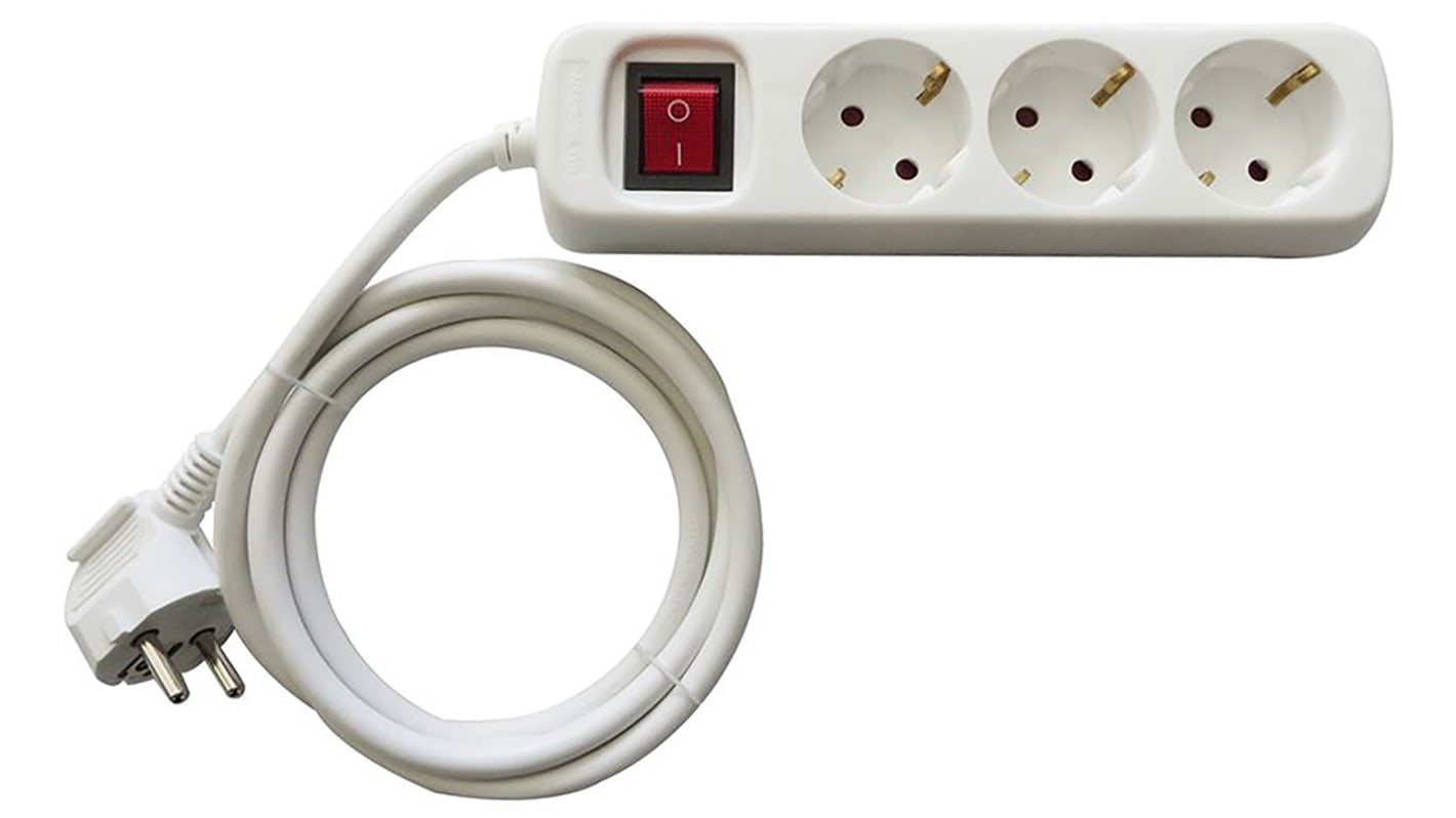 Type F - German Schuko 3 Gang Extension socket, 1.5m Cable, 230 V ac