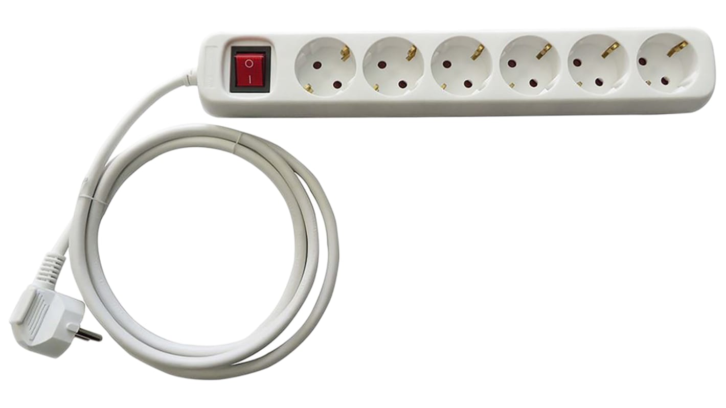 Type F - German Schuko 6 Gang Extension socket, 2m Cable, 230 V ac, Fused