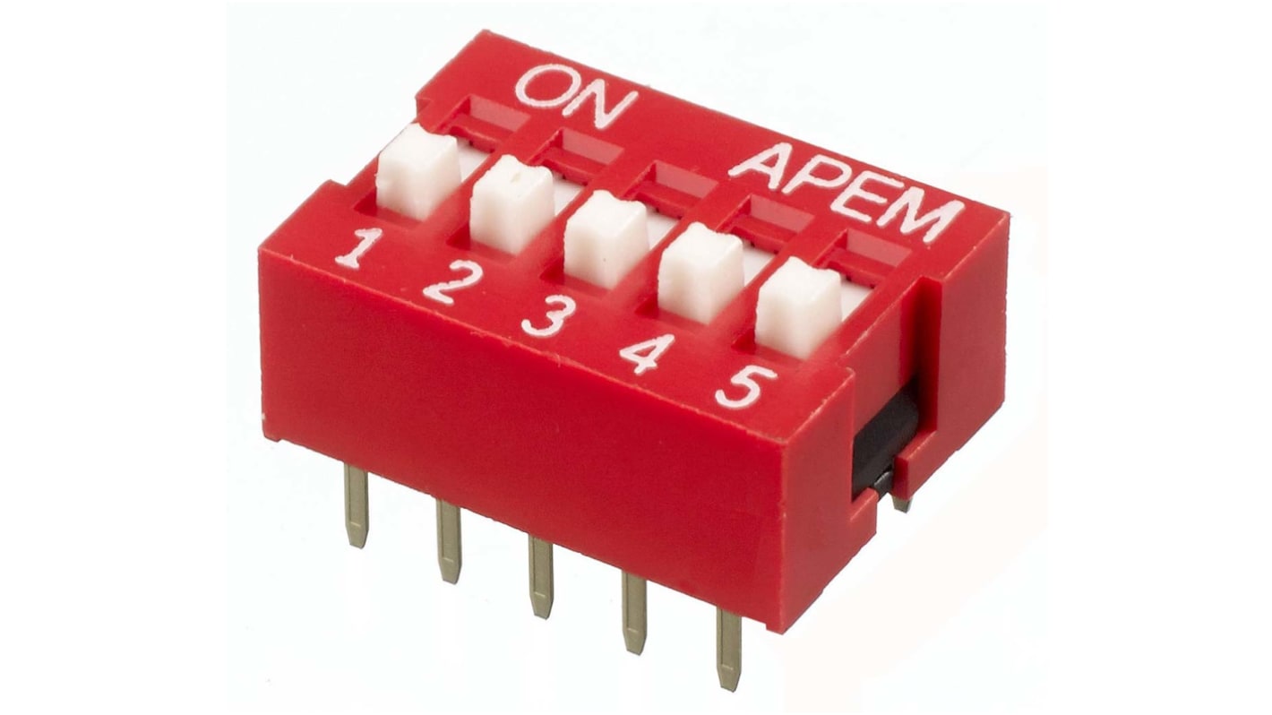 Interruptor DIP, SPST, Montaje en orificio pasante, Actuador Elevado, 25 mA, 5 vías, -40 → +85°C