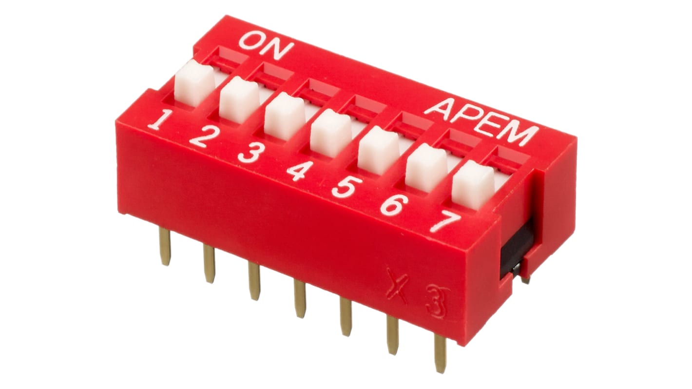 Interruptor DIP, SPST, Montaje en orificio pasante, Actuador Elevado, 25 mA, 7 vías, -40 → +85°C