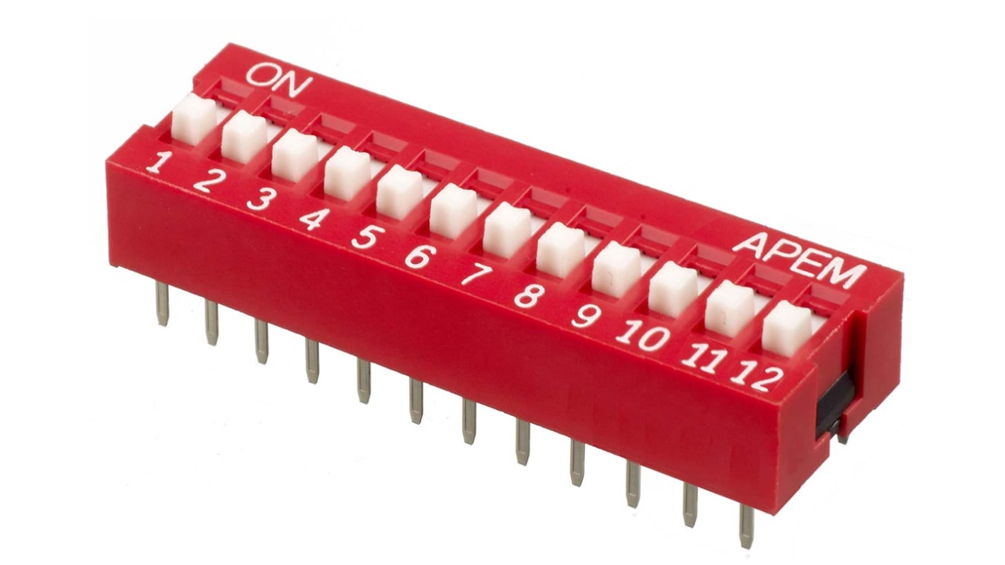 Interruptor DIP, SPST, Montaje en orificio pasante, Actuador Elevado, 25 mA, 12 vías, -40 → +85°C