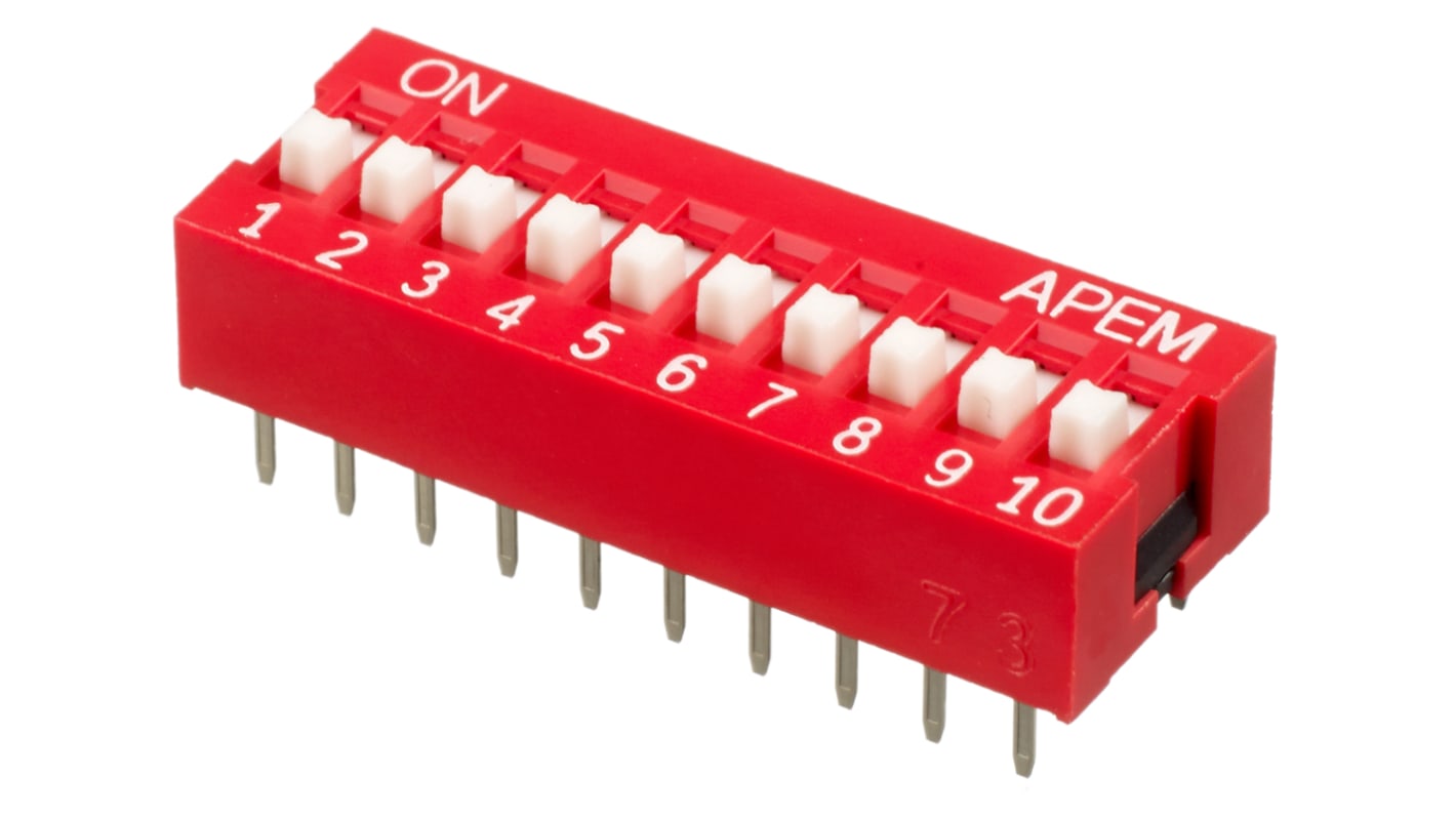 Interruptor DIP, SPST, Montaje en orificio pasante, Actuador Elevado, 25 mA, 10 vías, -40 → +85°C