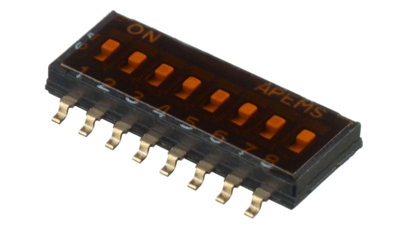 APEM DIP-Schalter Vertieftes Betätigungselement, Schieber 8-stellig 1-poliger Ein-/Ausschalter Phosphorbronze 100 mA